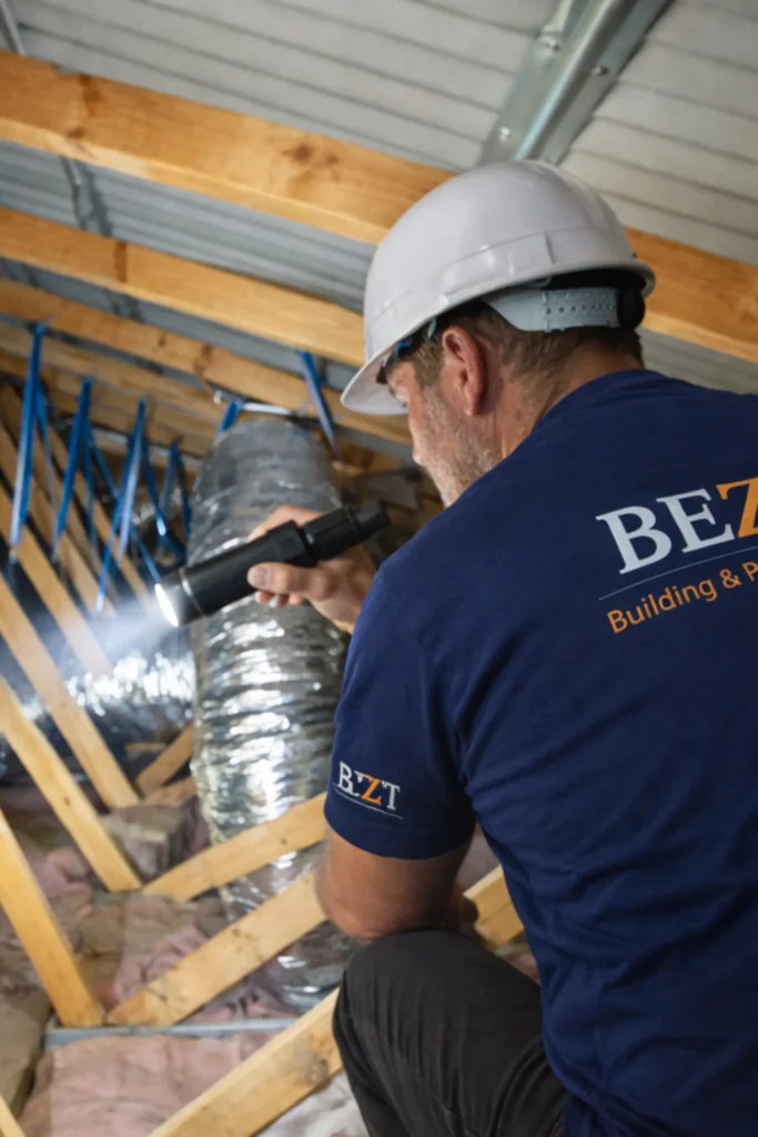 A BEZT inspector examining an accessible roof space