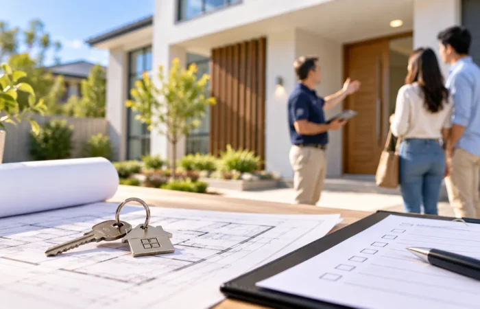 New home handover inspection with checklist, New home handover inspection with checklist, house keys and home buyershouse keys and home buyers