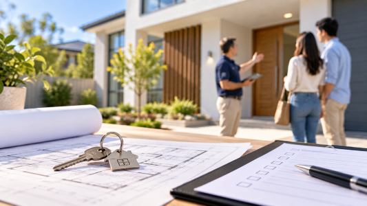 New home handover inspection with checklist, house keys and home buyers