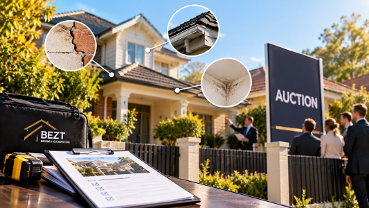 Pre-auction building inspection in Melbourne showing a BEZT inspection checklist, property defects and prospective buyers attending a house aucti