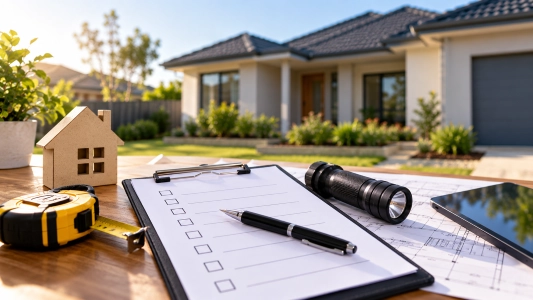 Pre-purchase building inspection checklist with inspection tools outside a Melbourne home.