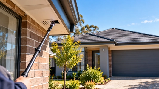 Building inspection in Epping, Melbourne, checking roof eaves and guttering of a residential property for potential defects.