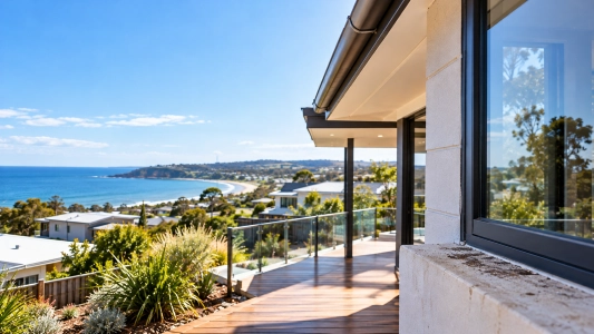 Building inspection in Mornington, Melbourne, focusing on exterior walls, windows and decking of a coastal residential property.
