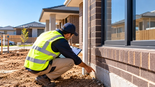 Building inspection in Melton, Melbourne, with an inspector checking the brickwork and foundation of a residential property for potential defects.