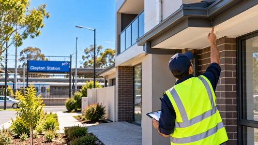 Building inspection in Clayton, Melbourne, with an inspector checking the roof eaves of a residential townhouse near Clayton Station for potential defects.