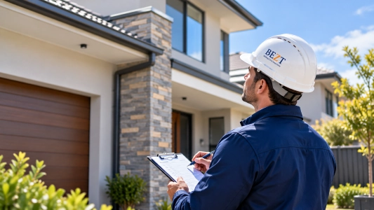 building inspector in Melbourne wearing a branded navy uniform and safety helmet, assessing a residential property's exterior and recording findings.